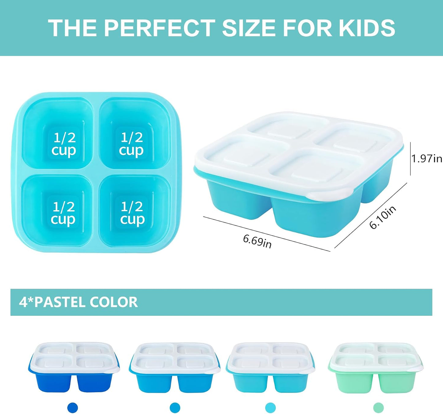 Finorder 6 Pack 4-Compartment Snack Containers, Reusable Food Containers for Kids School, Adults Office, Picnic Trip, Lunch Bento Box Meal Prep Containers (Bright Color Set)
