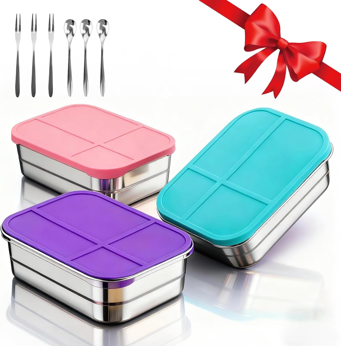 Stainless Steel Snack Containers with Lids 3 Pack, Reusable 4 Compartments Snack Containers Leak-Resistant Storage with 3 Spoons & 3 Forks, Divided Food Storage for Adults, Travel, Home & Office