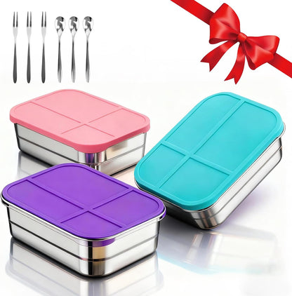 Stainless Steel Snack Containers with Lids 3 Pack, Reusable 4 Compartments Snack Containers Leak-Resistant Storage with 3 Spoons & 3 Forks, Divided Food Storage for Adults, Travel, Home & Office