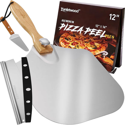 Pizza Peel 12-Inch Aluminum Pizza Paddle & Spatula with Pizza Cutter Rocker, Foldable Wood Handle – Pizza Server for Baking Homemade Bread, Pastry & Dough, for Family Pizza Oven