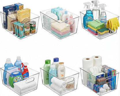 MOONEDGE Large Clear Plastic Storage Bins 4 Pack, 12" x 8" x 6" Stackable & Durable Organizers for Kitchen, Pantry, Refrigerator & Bathroom – Food Safe, Easy to Clean, Ideal for Home Organization