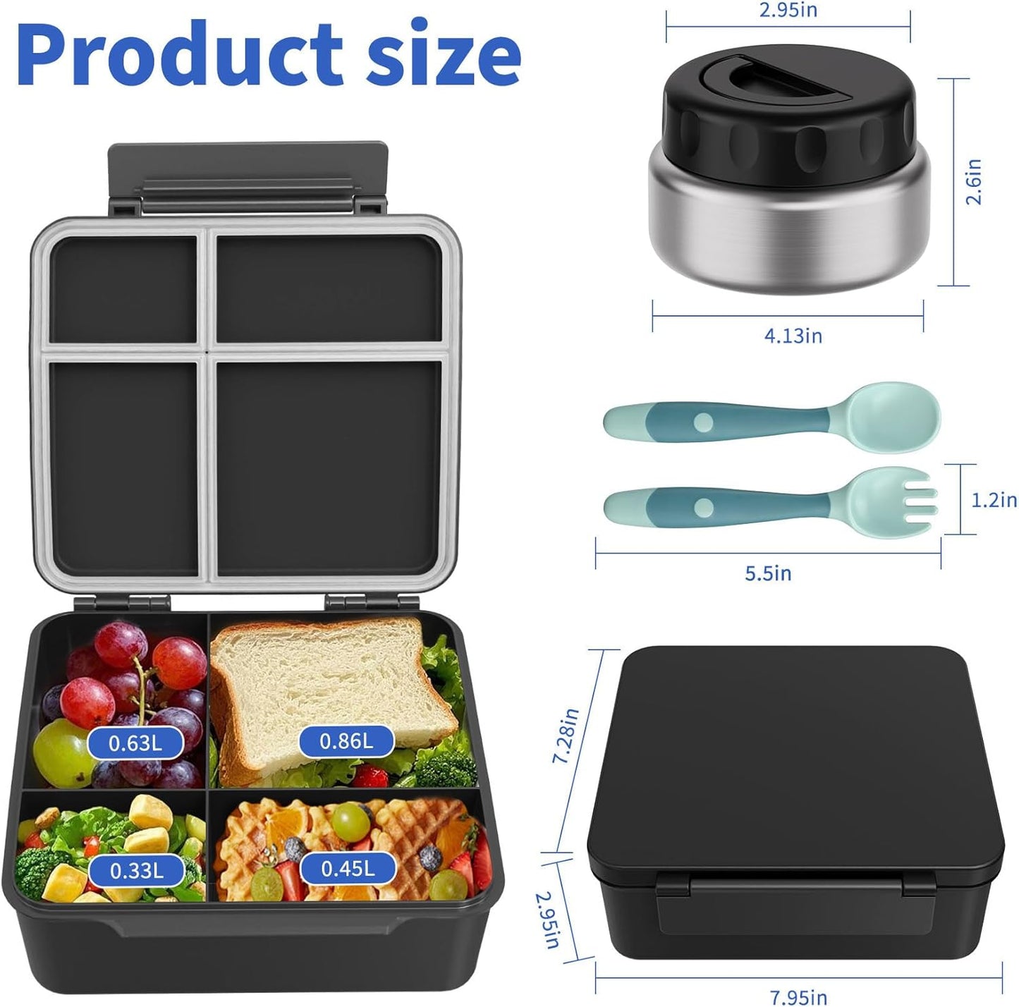 Bento Box for Kids with Thermo Food Container (9oz), 4-Compartment Lunch Box, Adjustable Divider, Leakproof Bento Lunch Box, Includes Utensils & Carry Bag for School, Office(Blue)