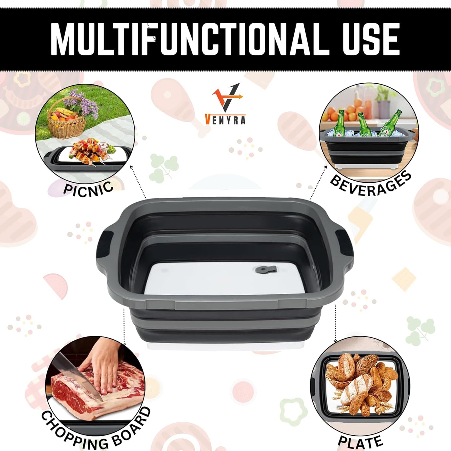 3pcs Barbecue Prep Tub, BBQ Blanket, Meat Shredder Claws | Collapsible 3 in 1 Cutting Board with Colander & Dish Basin, Insulated 21" Meat Resting Bag, Barbecue Grilling Accessories.