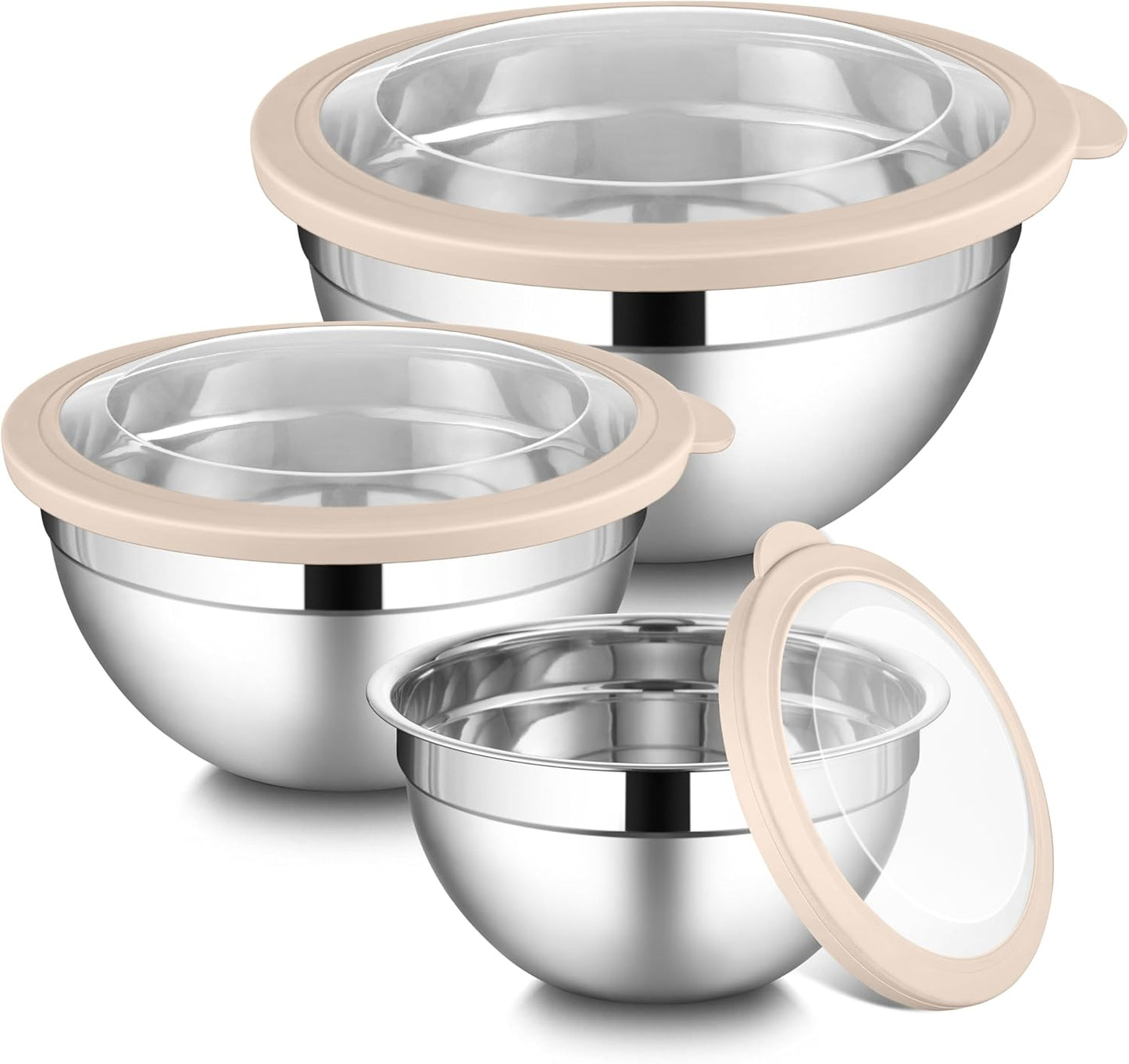 LIANYU Mixing Bowls with Airtight Lids Sets, 3 Packs Stainless Steel Metal Mixing Bowls, Ideal for Prepping, Cooking, Storage, Serving, Freezer & Dishwasher Safe, Khaki