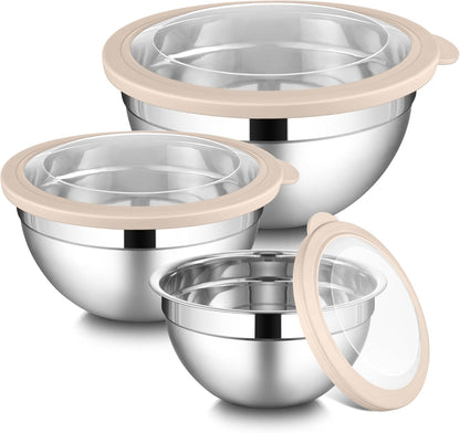 LIANYU Mixing Bowls with Airtight Lids Sets, 3 Packs Stainless Steel Metal Mixing Bowls, Ideal for Prepping, Cooking, Storage, Serving, Freezer & Dishwasher Safe, Khaki