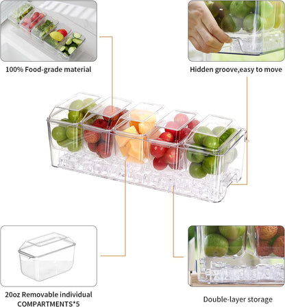 Chilled Condiment Server，Taco Bar Serving Set for Party，15.3" Condiment Serving Platters with 5 Separate Lids and Removable Compartments, Set of 5 Serving Spoons & 2 Clips (5 Containers, 1 pack)