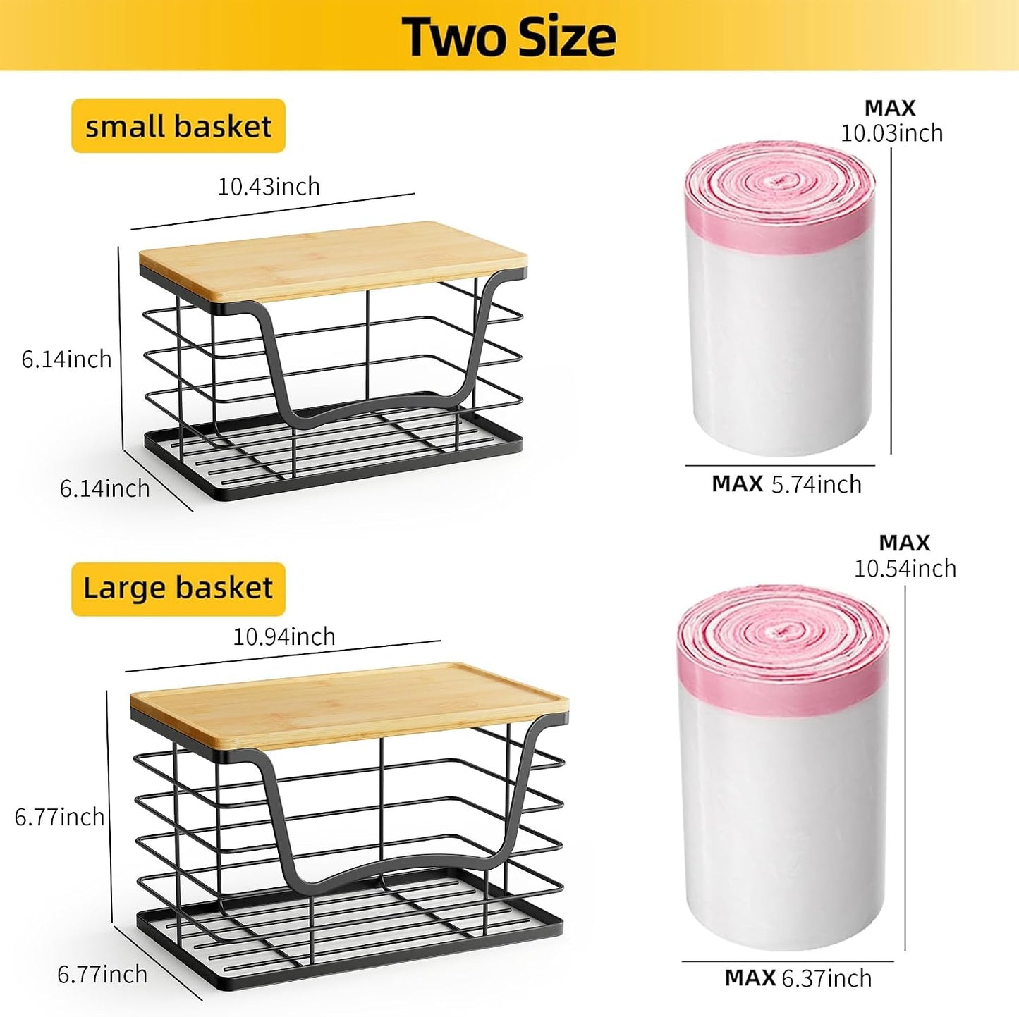 ALOCEO 2 Pack Stackable Wire Storage Basket with Bamboo Lid, Trash Bag Dispenser Under Sink for 4-13 Gal Bags, Kitchen Storage Bins for Potato and Onion, Brown
