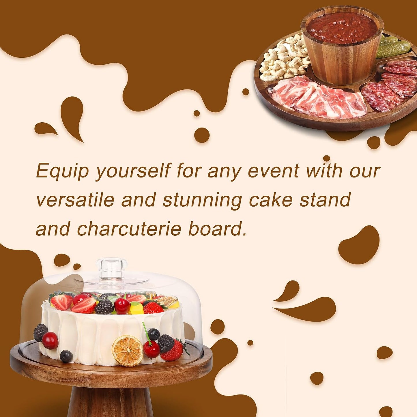 Bellsal Cake Stand with Dome Lid, 12in Acacia Wood Cake Plate with Cover, Wooden Cake Display Stand with Acrylic Dome, Cake Decorating for Baking Gift