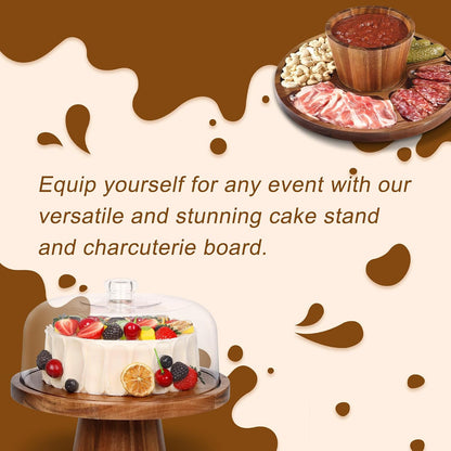 Bellsal Cake Stand with Dome Lid, 12in Acacia Wood Cake Plate with Cover, Wooden Cake Display Stand with Acrylic Dome, Cake Decorating for Baking Gift