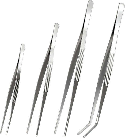 Stainless Steel Tweezers Tongs Set of 2, Kitchen Cooking Utensils, Straight and Bent Tip 11.8″ for Serving, Chef Tools
