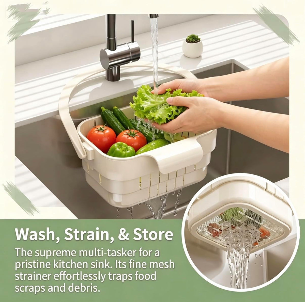 Foldable Kitchen Sink Strainer, Removable Residue Filter, No-Drill Hanging Drain Rack Food Catcher, Stretchable Kitchen Colander with Flip Cover