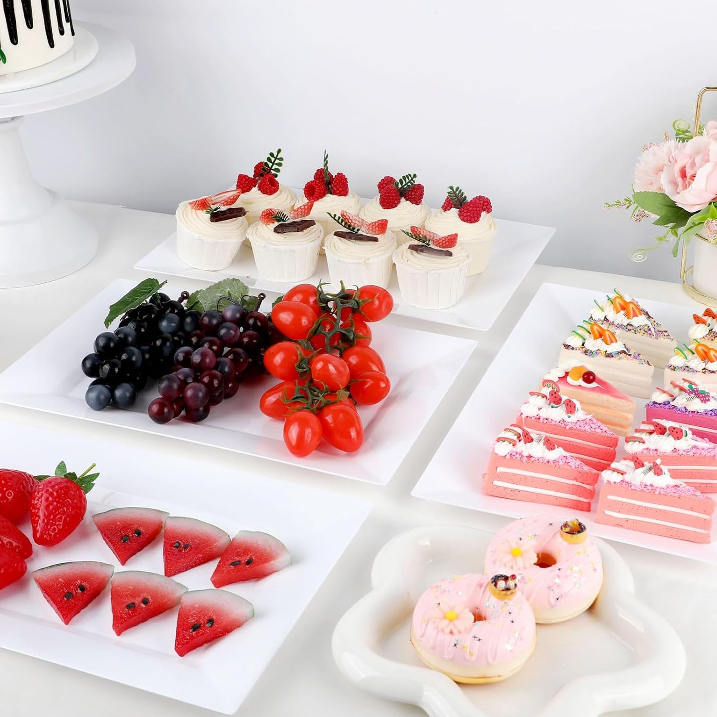 Mwellewm 12 Pcs White Plastic Serving Trays with Gold Rim, 14''x9'' Rectangle Dessert Trays for Dessert Table, Disposable Platters Cookie Cupcake Gold Serving Tray for Birthday Party Wedding
