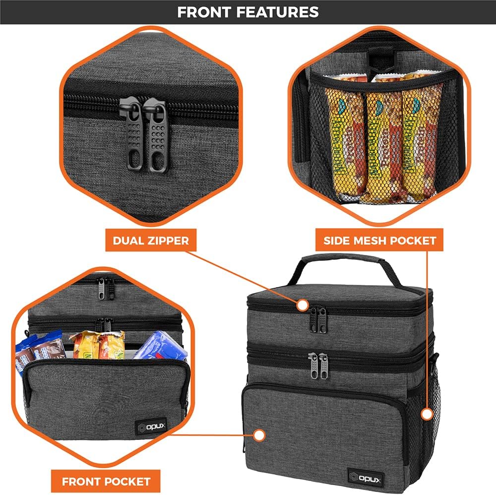 opux Insulated Lunch Bag for Men Women, Large Dual Compartment Cooler Bag, Soft Two Deck Lunch Box for Work School Picnic, Leakproof Lunch Tote with Shoulder Strap for Kid Adult (Purple, Double Deck)