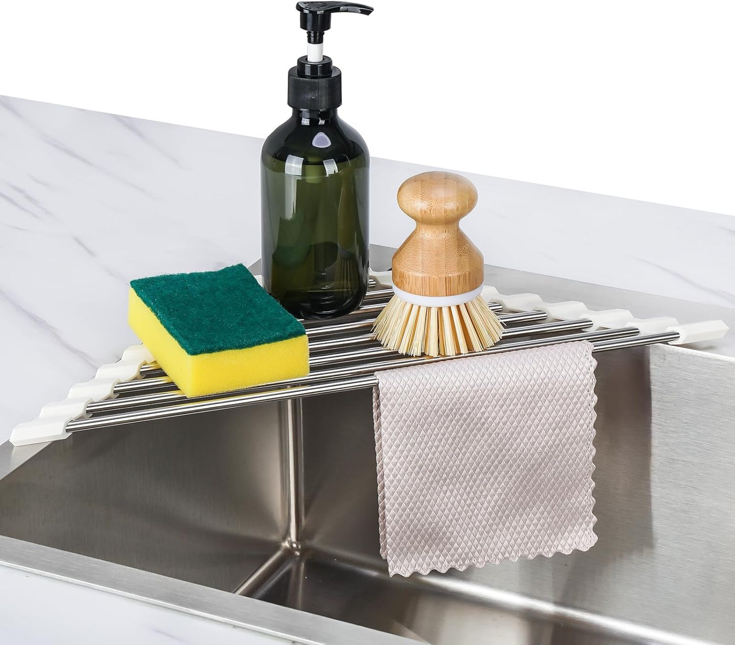 Tomorotec Foldable Stainless Steel Triangle Roll-Up Dish Drying Rack for Small Sink Corners - Over-The-Sink Multipurpose Kitchen Drainer, Rustproof Organizer, Trivet and Shelf - Space-Saving (Black)