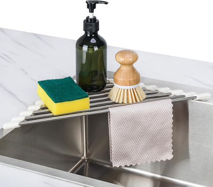 Tomorotec Foldable Stainless Steel Triangle Roll-Up Dish Drying Rack for Small Sink Corners - Over-The-Sink Multipurpose Kitchen Drainer, Rustproof Organizer, Trivet and Shelf - Space-Saving (Black)