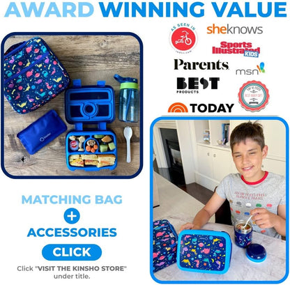 Bento Lunch Box with Bag, Water Bottle & Ice Pack Set for Kids Toddlers, 4 Portion Sections, Removable Tray, Pre-School Boy Toddler Daycare Lunches, Insulated Snack Container, Blue Space Dinosaur