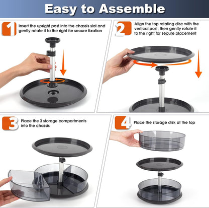 2 Tier Snack Carousel, Rotary Turntable Organizer for Snack Bar Organizer and Snack Display, Countertop & Under Sink Organizer for Snack Storage, Tray has Removable Dividers, Easy Assembly