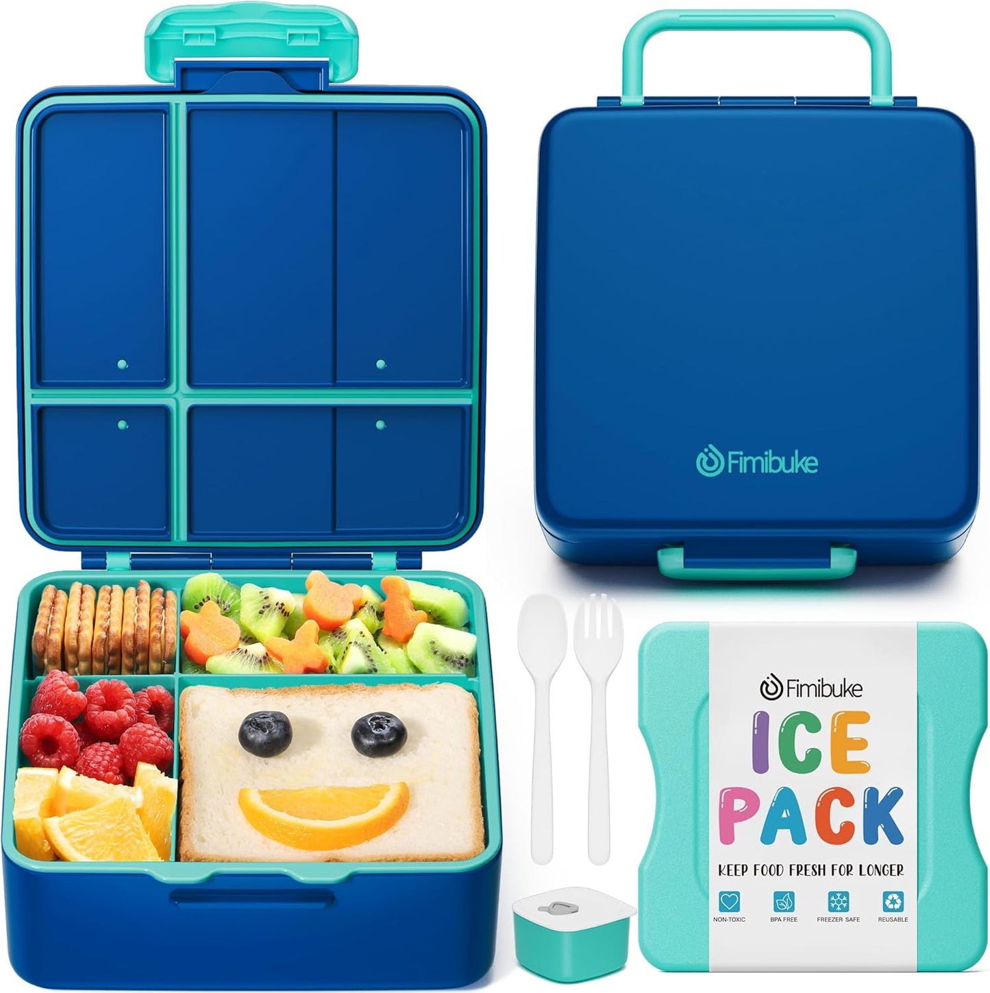 Fimibuke Chill Bento Box for Kids Adult, Leak Proof Toddler Lunch Box with Ice Pack Keep Food Cold, BPA Free 4 Compartment Lunch Container with Utensils for Girl Boy School, Microwave Dishwasher Safe