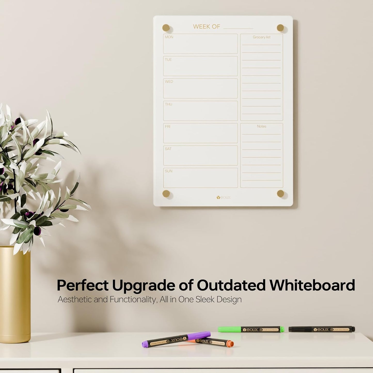 Clear Glass Weekly Dry Erase Calendar & Menu Non-Magnetic Whiteboard for Wall, Meal Plan & Grocery List White Board for Kitchen, 15x11, 7 Days Home Planner, 4 Wet Erase Markers Included, Yeoux