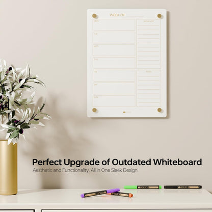 Clear Glass Weekly Dry Erase Calendar & Menu Non-Magnetic Whiteboard for Wall, Meal Plan & Grocery List White Board for Kitchen, 15x11, 7 Days Home Planner, 4 Wet Erase Markers Included, Yeoux