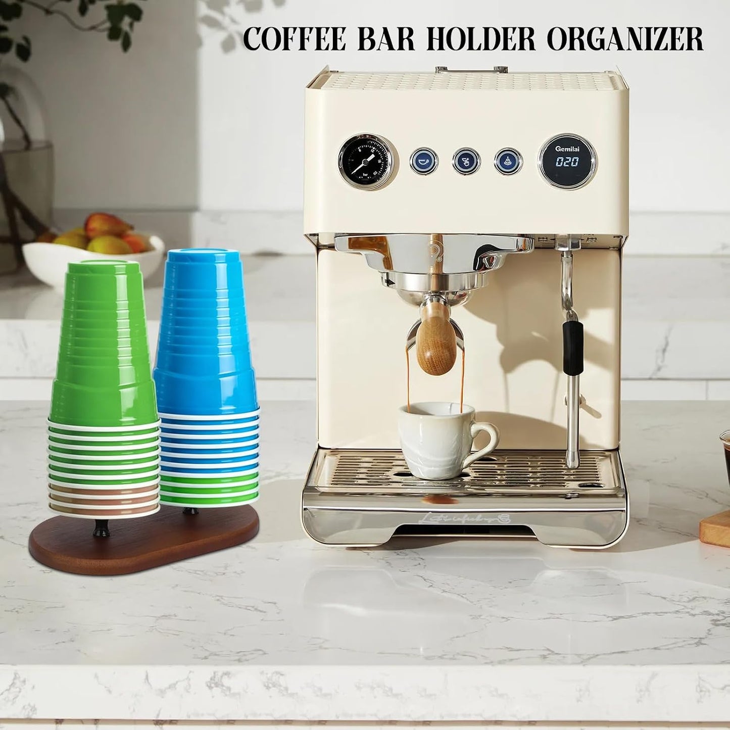 Paper Cup Dispenser and Lid Organizer, Double Compartment Storage Holder for 8oz Coffee Cups, Bathroom, Coffee Station (Brown 2)