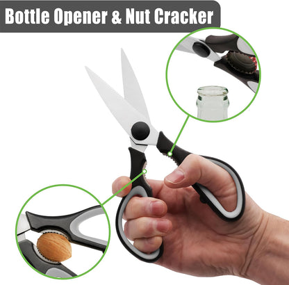 Grip Multi-Purpose Stainless Steel Kitchen Scissors - Non-Slip TPR Grip - Serrated Blade - Cuts Meat, Vegetables, Fish, Poultry, Fruits, Pizza - Nut cracker/Bottle opener - Dishwasher Safe (Blk/Grey)