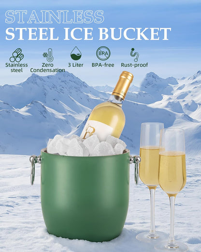 Insulated Ice Bucket, 3L Double Wall Stainless Steel Ice Bucket with Tongs,Lid, Scoop and Strainer, Ice Buckets for Parties,Cocktail Bars, Chilling Beer, Champagne, Wine Bottles