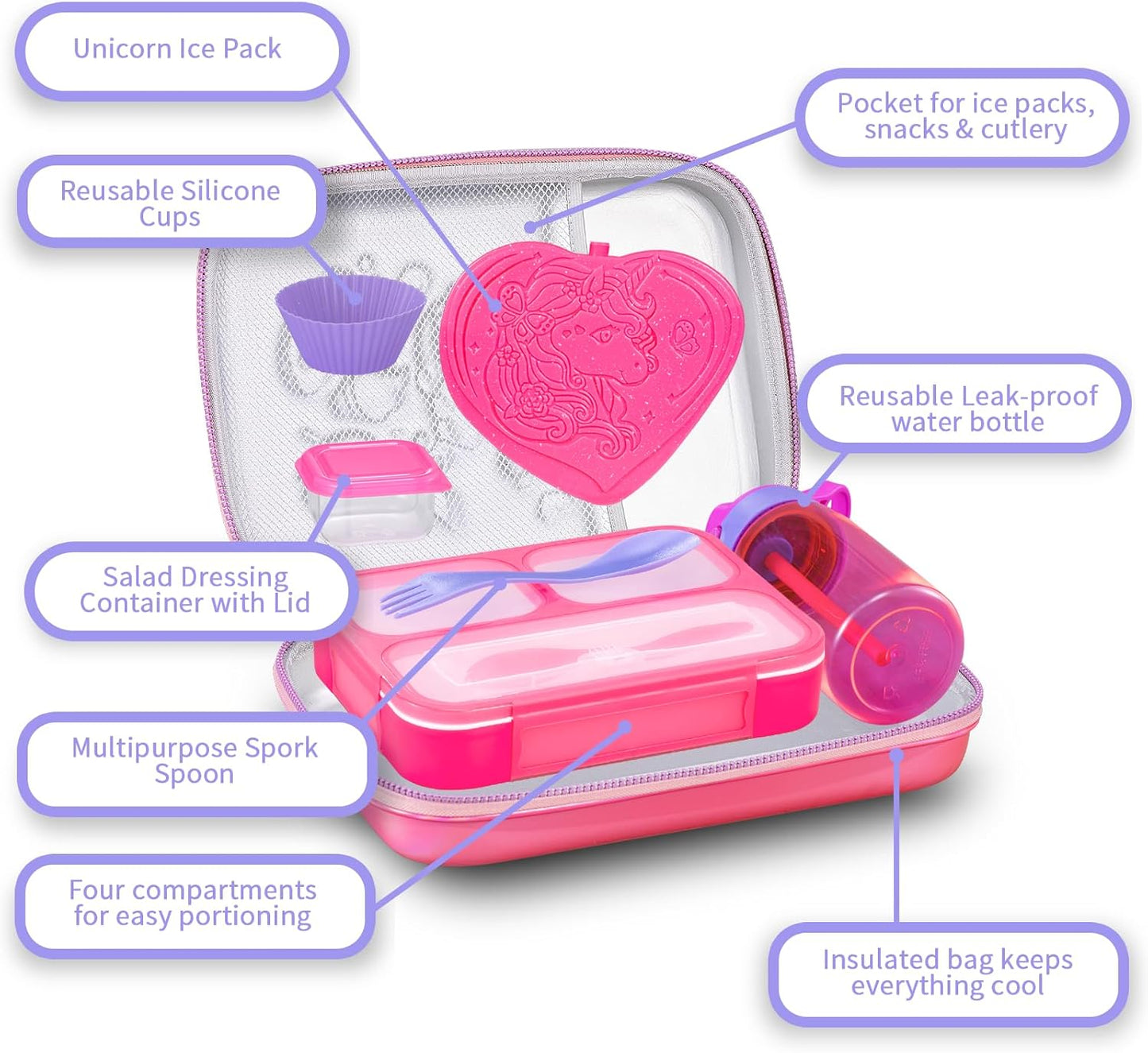 Kids Lunch Box Bag Set: Girls Unicorn Lunch Bags Bento Boxes with 3-Compartment Included Ice Pack Water Bottle Insulated Lunchbag Reusable School Lunchbox Containers Kit for Toddler Daycare Childrens