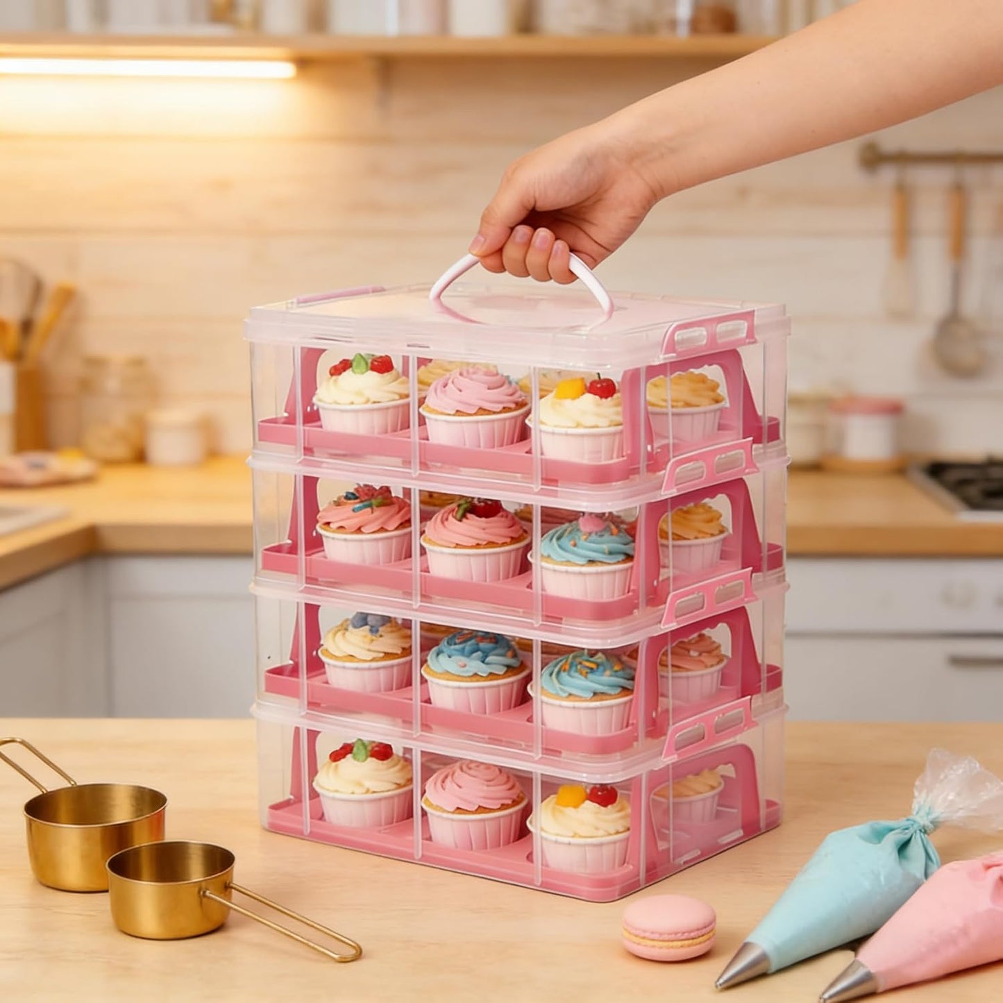 Cupcake Carrier Stackable Storage Container Collapsible Cake Carrier with Lid and Handle, with 50 PCS Cupcake liners,Reusable Plastic Dessert Travel Container,Transport Box (48 Cupcakes White)