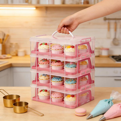 Cupcake Carrier Stackable Storage Container Collapsible Cake Carrier with Lid and Handle, with 50 PCS Cupcake liners,Reusable Plastic Dessert Travel Container,Transport Box (48 Cupcakes White)