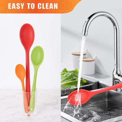3 Pcs Silicone Spoons Set of 7.9 10.6 14.2 inch for Cooking, Heat Resistant Kitchen Spoons for Mixing, Stirring, and Serving, Small to Large Non Stick (Green)