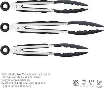 Tovolo Stainless Steel Tongs with Silicone Tips Set of 3 Mini 7” 9” 12 Inch with Easy Lock Mechanism for Cooking Grilling Air Fryer Serving, Red Black Charcoal Gray Heat Resistant Kitchen Tongs