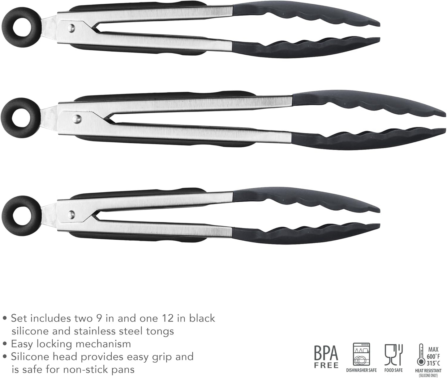 Tovolo Stainless Steel Tongs with Silicone Tips Set of 3 Mini 7” 9” 12 Inch with Easy Lock Mechanism for Cooking Grilling Air Fryer Serving, Red Black Charcoal Gray Heat Resistant Kitchen Tongs
