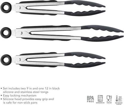 Tovolo Stainless Steel Tongs with Silicone Tips Set of 3 Mini 7” 9” 12 Inch with Easy Lock Mechanism for Cooking Grilling Air Fryer Serving, Red Black Charcoal Gray Heat Resistant Kitchen Tongs