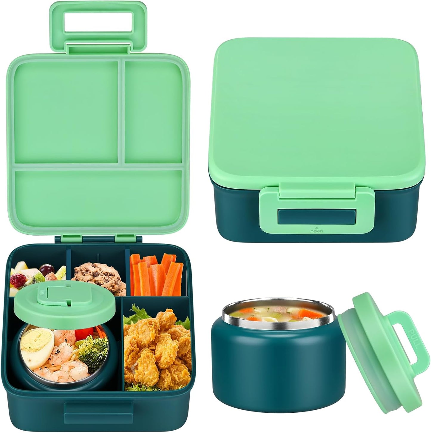 MAISON HUIS Bento Lunch Box with 8oz Soup Thermo and Insulated Lunch Bag, Kids Leakproof Lunch Food Containers with 5 Compartment, Boys Girls Thermo Hot Food Jar for Travel, School, BPA Free (Black)