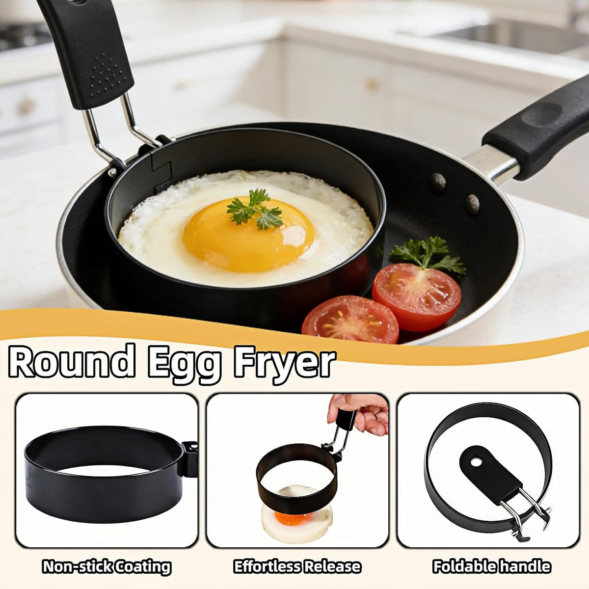 Stainless Steel Egg Rings 3.5 Inch for Pancakes, Non-Stick Egg Mold with Silicone Handle, No-Leak Breakfast Round Mold for Frying Eggs, English Muffins, Burgers, Dishwasher Safe