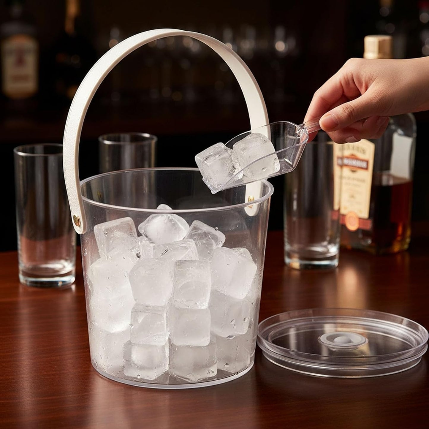 Ice Bucket with Airtight Lid, Champagne Bucket with Handle, Plastic Beverage Tub for Parties, Bar Cart Accessories for Wine, Drink, Beer Bottles, Clear