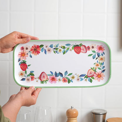 2 pcs Melamine Tray Set with Strawberry Design, 19 Inch and 14.5 Inch Large Serving Plates, Unbreakable Dinnerware for RV, Camping, Party, Easy Clean
