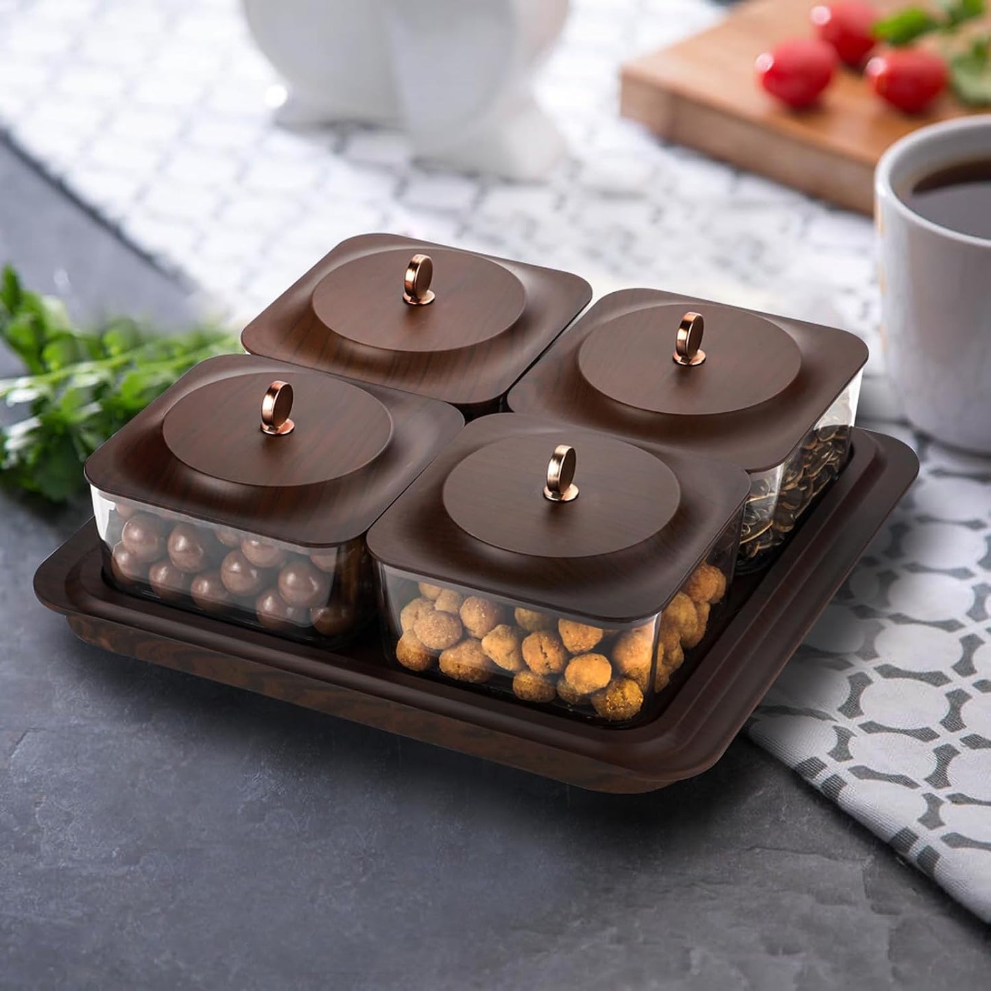 Serving Set: Plastic Imitated Wood Serving Tray & 4 Snack Boxes with Lid, Ideal for Home, Party & Birthday