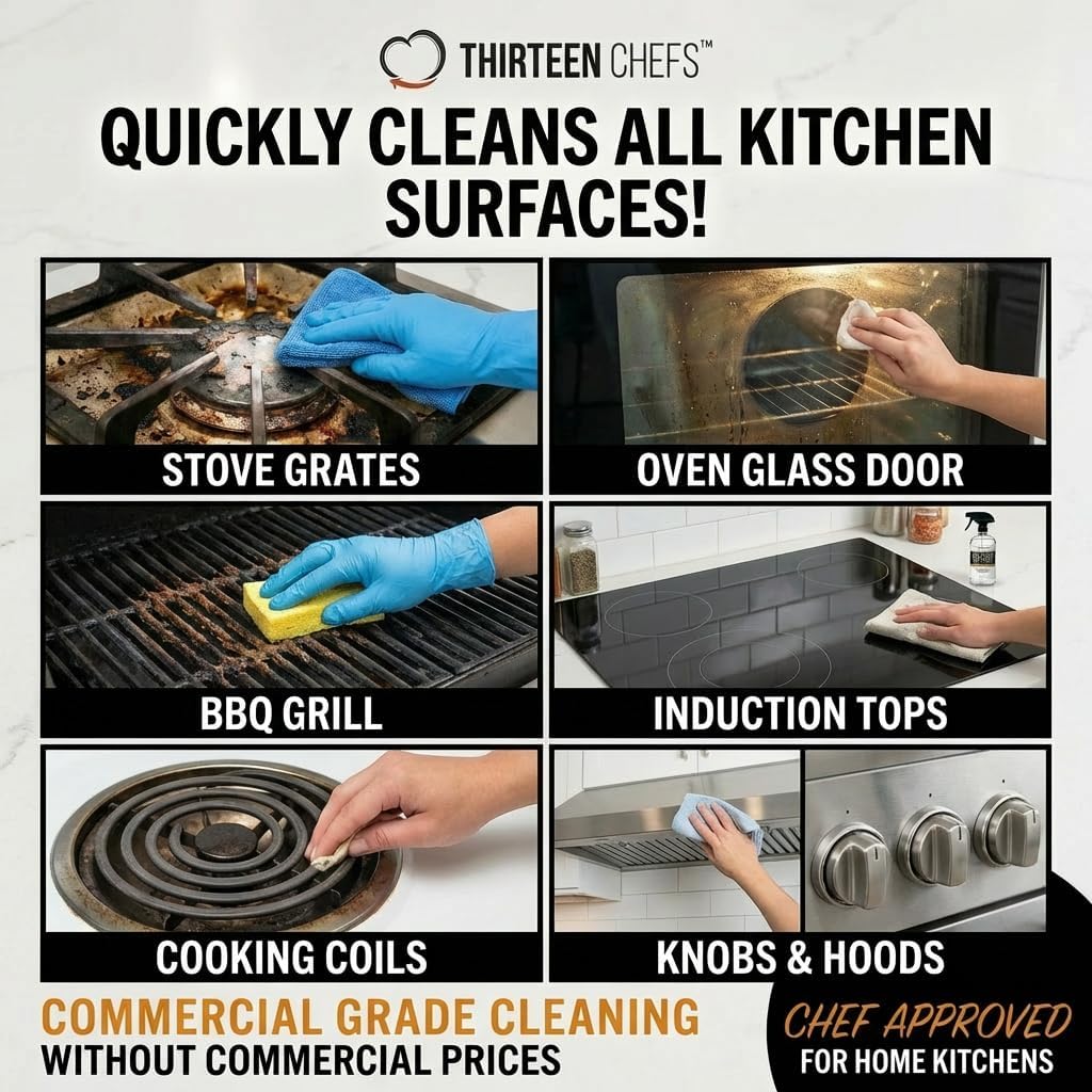 Thirteen Chefs Gas Range Cleaner and Degreaser - Stove Grates, Grills, Oven Glass and Door - Cuts Through Baked on Food (16oz)