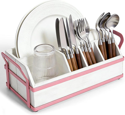 Large Kitchen Utensil Holder Caddy, 6 Compartments Wooden Utensils Organizer for Cooking Utensils, Silverware, Paper Plate, Spoon, Fork, Cutlery Storage on Kitchen Countertop for Party Hosting