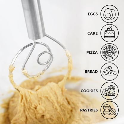 Zulay Kitchen 13-Inch Danish Dough Whisk - Stainless Steel Wooden Whisk with Dough Hook - Sourdough Whisk for Bread, Pizza, Pastry, Cake Batter & More - Wood