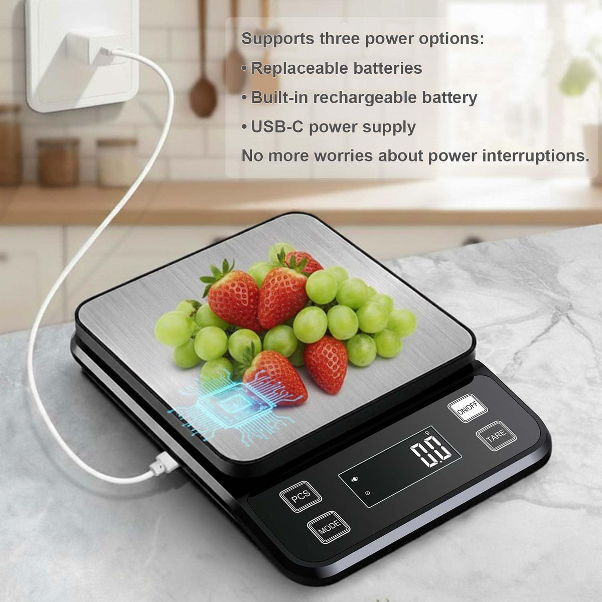 Waterproof Digital Kitchen Scale 0.1g/0.001oz Precision, Stainless Steel Electronic Scale with 3 Power Options (Rechargeable/AAA/Built-in), 10 Units Conversion, Smart Standby, 5kg/11lb Capacity