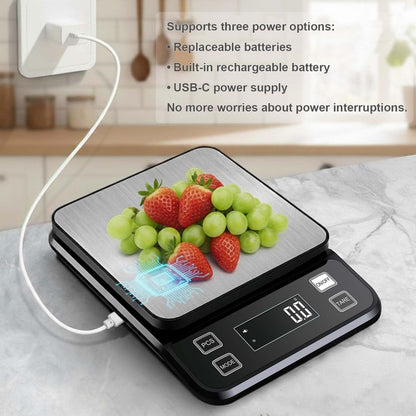 Waterproof Digital Kitchen Scale 0.1g/0.001oz Precision, Stainless Steel Electronic Scale with 3 Power Options (Rechargeable/AAA/Built-in), 10 Units Conversion, Smart Standby, 5kg/11lb Capacity