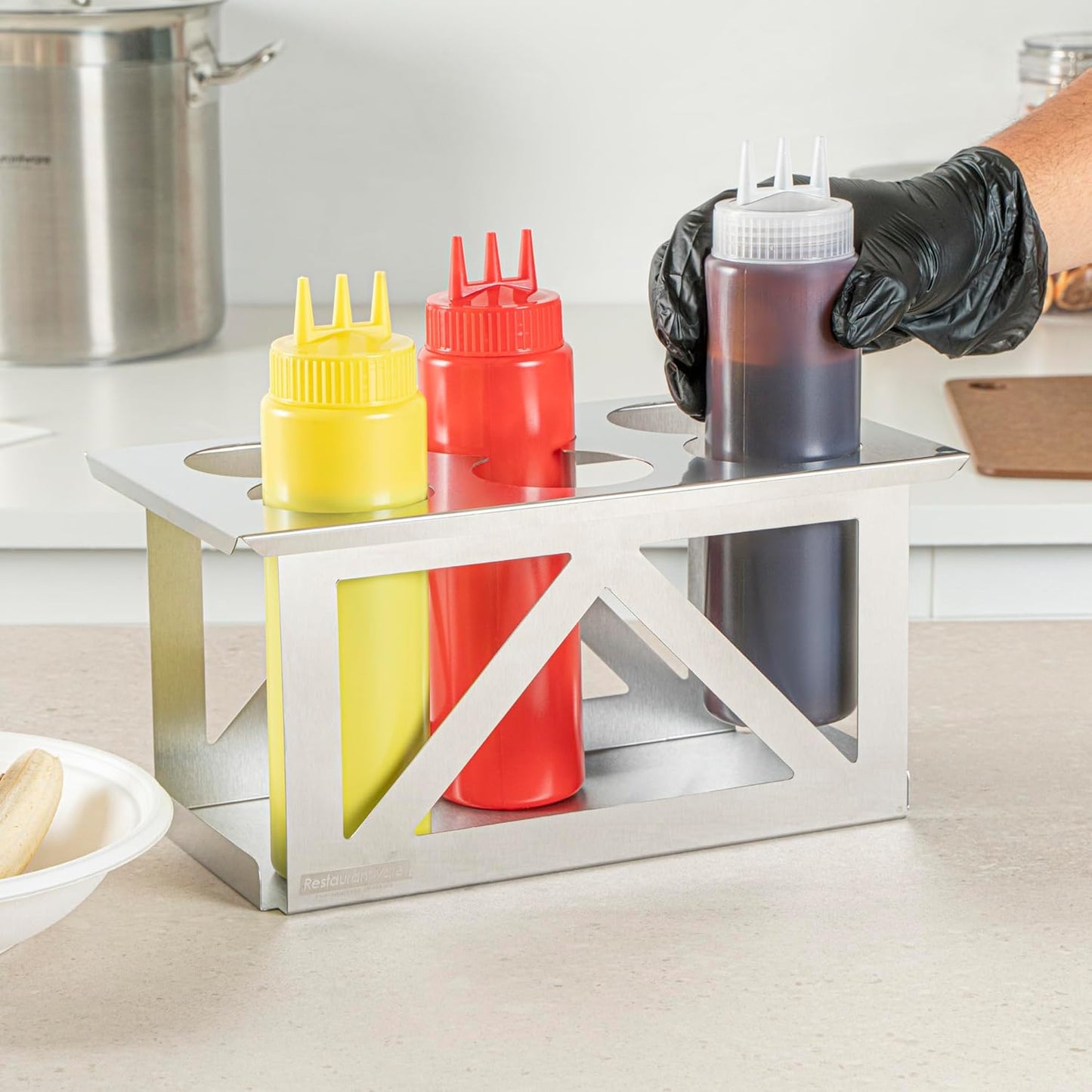 Restaurantware Stainless Steel Bottle Organizer - 1 Count - 6.299 x 7.087 x 0.394 Inches - Dishwasher-Friendly Condiment Holder - Kitchen Bottle Rack - Space-Saving Design - Silver