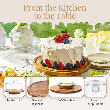 HOMESPHERE Acacia Wood Cake Stand with Lid - Cake Stand with Dome,12in Round Cake Holder, 2-in-1 Dessert Table Display Set & Charcuterie Board for Cheese, Chips & Dips, Fruit Platter, Large Acrylic Cake Dome Cover