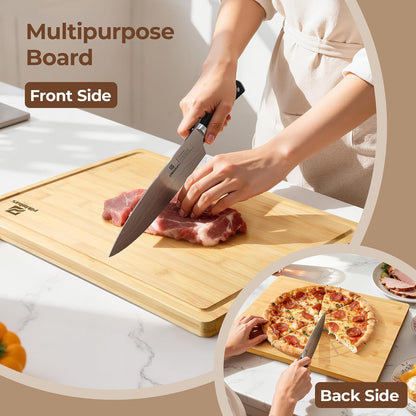 Cutting Boards Large Set of 7, Acacia Wood Charcuterie Chopping Board for Kitchen with Holder Non Slip Feet, Plastic Serving Board Mats, Juice Groove, Reversible Butcher Block for Meat Cheese Bread