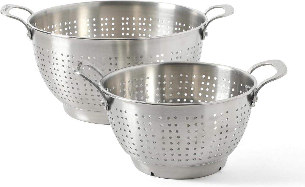 Calphalon Astro Colander Set, 2-Piece Stainless Steel Colander and Strainer, 5 QT & 1.5 QT Pasta Strainer with Handles, Matte Finish Kitchen Colander, Silver