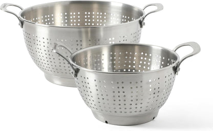 Calphalon Astro Colander Set, 2-Piece Stainless Steel Colander and Strainer, 5 QT & 1.5 QT Pasta Strainer with Handles, Matte Finish Kitchen Colander, Silver