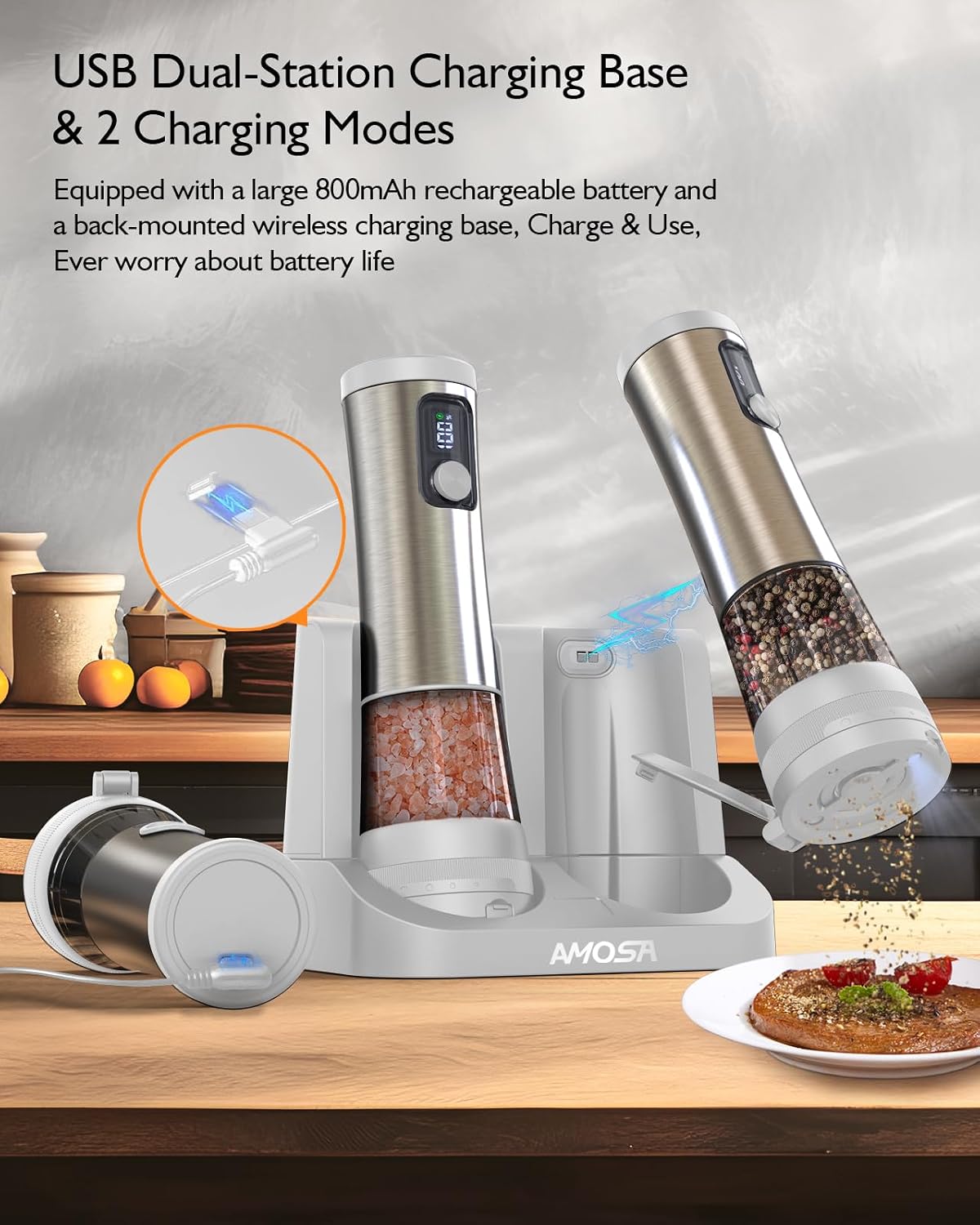 Electric Salt and Pepper Grinder Set, 2 in 1 Dual Bins USB Rechargeable